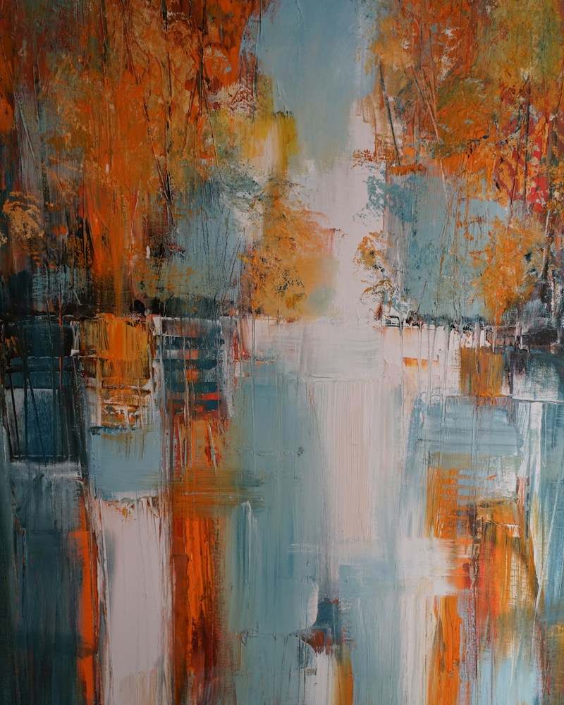 Abstract oil painting with orange, white and teal brushstrokes