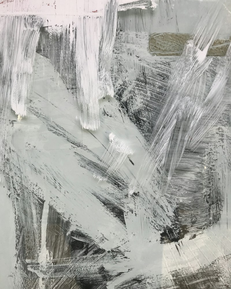 Soft abstract painting in white and muted purple tones
