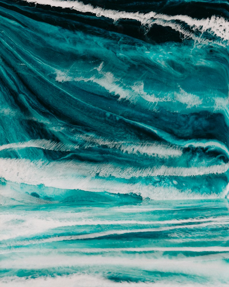 Blue and white fluid resin art panel with flowing abstract forms