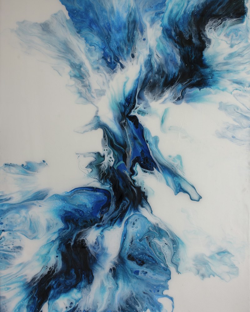 Abstract blue and white resin pour with layered depth